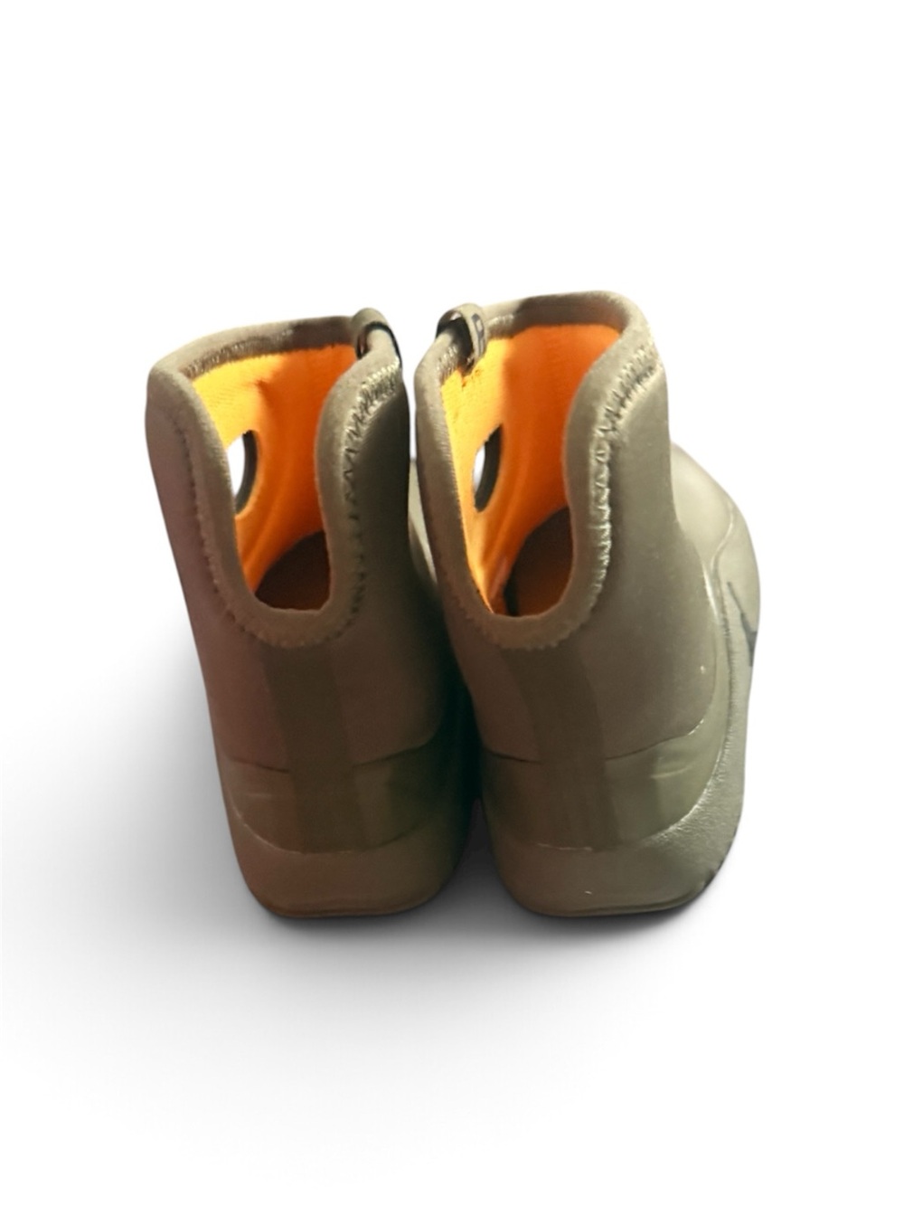 Kids Waterproof Slip-On Rain Boots in Olive with Orange Lining